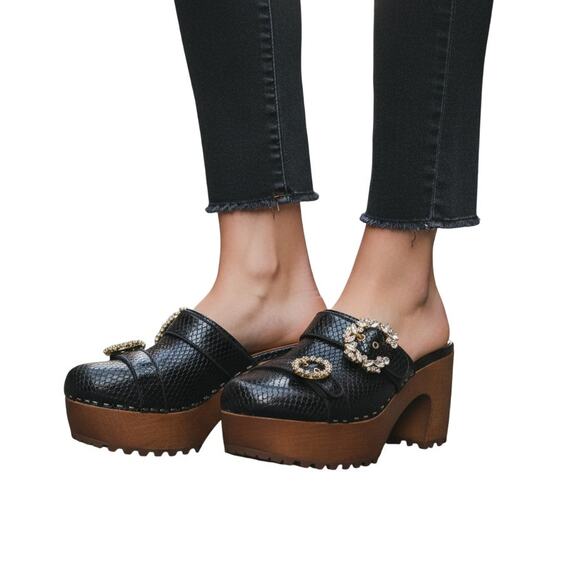 Autumn Adeigbo Double Strap Clog Black Snake Embossed Leather NWOB EU40 US10 - Picture 1 of 10